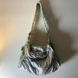 Bello Silver Reflective Olive Green Bejeweled Satchel Purse
